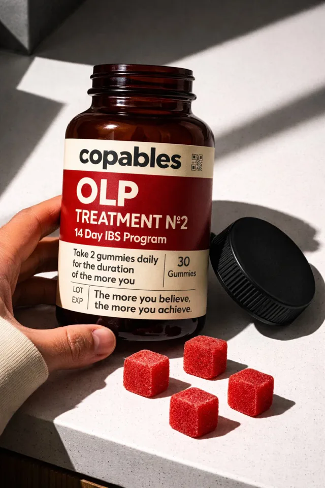A Copables open-label placebo bottle on a soft cream backdrop.