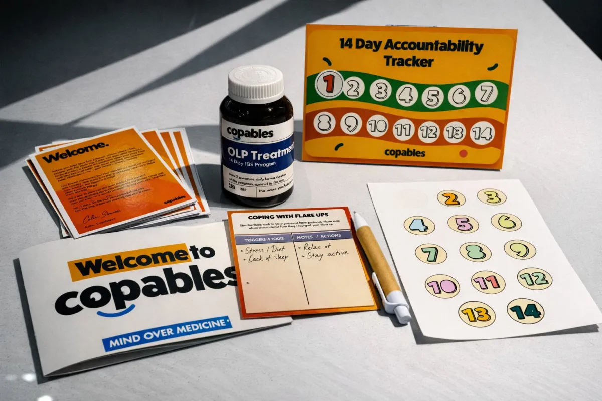 The Copables kit — capsules, ritual cards, welcome guide and 14-day accountability tracker