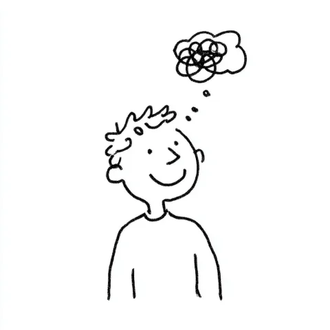 Sketch of a person with a tangled thought bubble untangling
